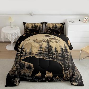 Imagem de Feelyou Conjunto de edredom infantil com urso, rústica, cabana, campo, natureza, vida selvagem, tema de casa de fazenda, preto, branco, microfibra, ultramacio, respirável