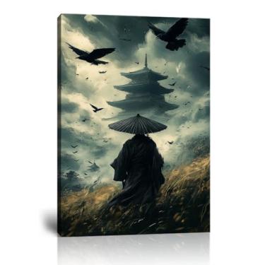 Imagem de chenchenArt Arte de parede japonesa para sala de estar quarto decoração de casa Samurai japonês impressão em tela Samurai pôster emoldurado pronto para pendurar (61 cm L x 91 cm A)