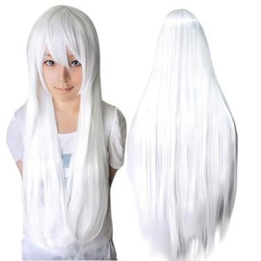 Imagem de IMISSU Perucas de cosplay de cabelo natural longo e reto com franja colorida fantasia de Halloween peruca de festa para menina (Branco puro)