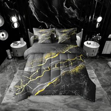 Imagem de Erosebridal Conjunto de edredom de mármore dourado em uma bolsa, tamanho Queen, 7 peças, abstrato, marmorizado, galáxia, rachado, preto, cinza