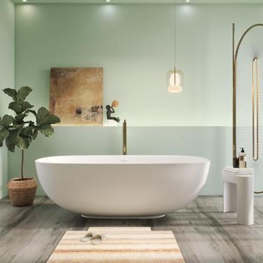 Imagem de Higeine Banheira com superfície sólida moderna de 170 cm, banheiras de imersão exclusivas de resina de pedra branca fosca com ralo pop-up