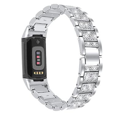 Imagem de Feigand Pulseiras femininas brilhantes compatíveis com Fitbit Charge 6/Charge 5, pulseiras de metal brilhante luxuosas com strass (prata)