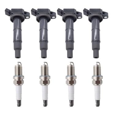 Imagem de OXCANO Conjunto de 4 bobinas de ignição e velas de ignição de irídio compatíveis com Toyota Camry, Corolla, Highlander, Matrix, RAV4, Solara, Scion tC, xB, Lexus HS250h, Pontiac Vibe, 2,4L substitui