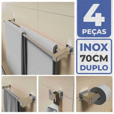 Imagem de Toalheiro Duplo Inox 304 + Kit Acessórios Banheiro 70cm - PERFIL CASA 