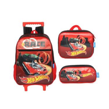 Imagem de Kit Mochila Rodinha Hot Wheels Lancheira Estojo 2026 Vermelha Luxcel