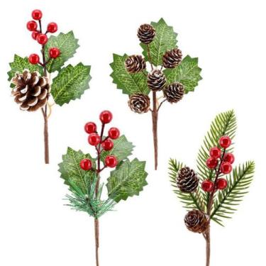 Imagem de Kit Galho De Natal Folhas Pick Berries e Pinhas 22cm 4 Unidades - Magi