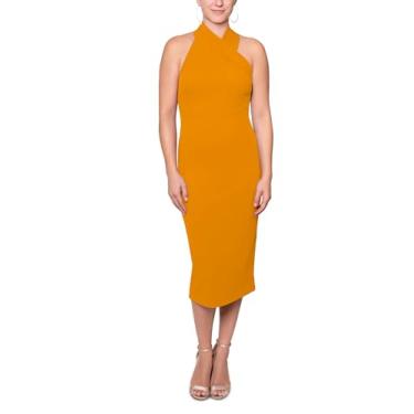 Imagem de RACHEL Rachel Roy Vestido feminino Harland elegante sem mangas colado ao corpo midi para coquetel, Mel, P
