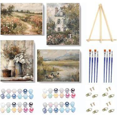 Imagem de Pacote com 4 kit de pintura por números para adultos, tela emoldurada, com cavalete de madeira, pintura por números para adultos e crianças, flores e plantas, faça você mesmo, pintura a óleo