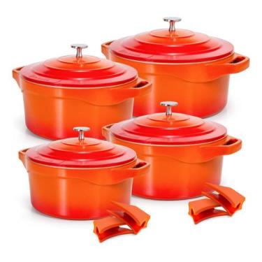 Imagem de Jogo De Panelas Laranja Caçarolas 8 Peças Ceramica Antiaderente Premiu