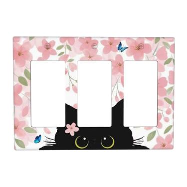 Imagem de Flores Preto Gato Borboleta 3 Gang Rocker Interruptor de Luz Placa Decorativa Tripla Tomada Placas de Parede GFCI Placa Elétrica Placa Frontal Dimmer para Quarto Banheiro Decoração de Casa 11,4 cm x