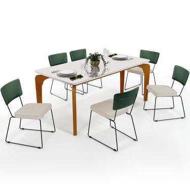 Imagem de Mesa Capri 160cm Off White E 6 Cadeiras Allana B05 Facto Verde Musgo Linho Champagne - Lyam Decor