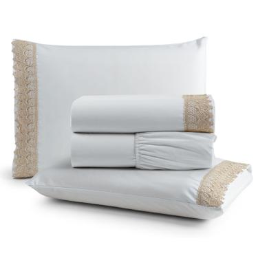 Imagem de Jogo Cama Lençol Haia Casal Padrão Percal 200 Fios 100% Algodão Guipir Bordado Inglês 4 Peças - Branco