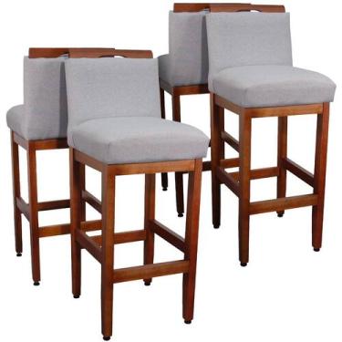 Imagem de Kit 4 Banquetas Baixas De Madeira Maciça Eucalipto Estofada Tecido Lin