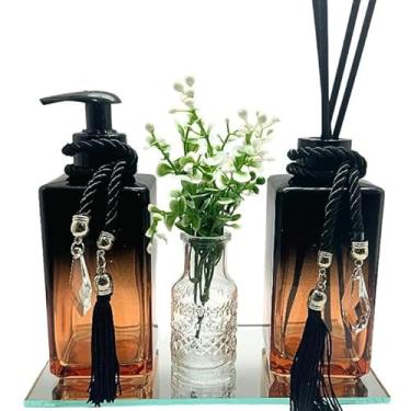 Imagem de Kit Difusor e Saboneteira de Vidro Square Marrom Degradê 250ml com Bandeja Espelhada e Vaso Decorativo – Luxo para Lavabo e Banheiro (PRETO)
