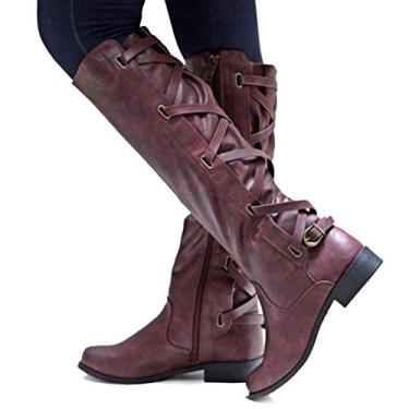 Imagem de Bigfanshu Botas femininas de couro na altura do joelho moda alça cruzada inverno salto baixo longo lateral ocidental fivela com zíper, Vinho tinto, 7.5