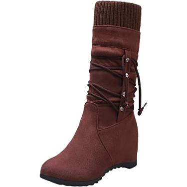 Imagem de Botas femininas de camurça sintética larga até o joelho cano médio cano alto moda clássica botas de inverno sem cadarço, Marrom, 38 BR