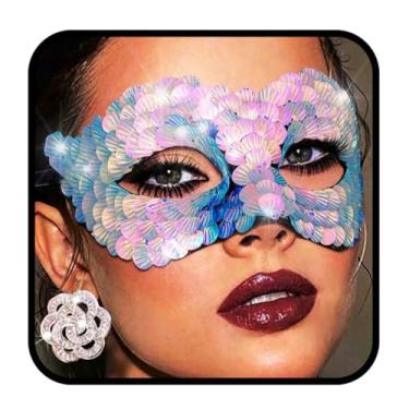 Imagem de Yalice Máscara de baile de máscaras femininas com lantejoulas brilhantes para festas, acessórios de fantasia estilo veneziano de luxo (azul)