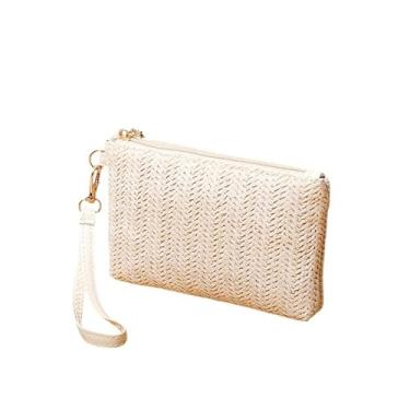 Imagem de Bolsa clutch feminina de palha boêmia verão praia bolsa de palha com zíper carteiras de pulso para mulheres carteira de pulso de praia, Bege claro, Medium
