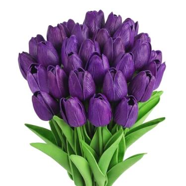 Imagem de MACTING 30 peças de flores artificiais de tulipas artificiais de 34,8 cm, buquê de tulipas de poliuretano falsas, flores roxas para arranjos florais, mesa, centro de mesa, cozinha, casa, ambientes