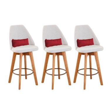 Imagem de Kit 03 Banquetas Alta Maya Giratória Com Encosto Gourmet Linho Bege e Almofada Corino Vermelho - Aurora Line