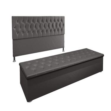 Imagem de Conjunto Cabeceira Casal e Recamier Baú 1,60m Suede Cinza