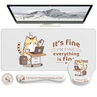 Imagem de iCasso Conjunto de tapete de mesa, mouse pad grande com suporte de pulso, suporte de pulso de gato fofo para teclado, tapete de computador antiderrapante com bordas costuradas, protetor de capa de