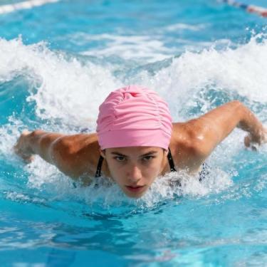 Imagem de 1 touca de natação elástica rosa claro, boné grande plissado masculino e feminino adulto elegante