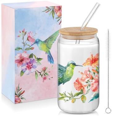 Imagem de Mumufy Presentes de beija-flor para mulheres copo de vidro de 473 ml com tampa de bambu e canudo, presente espiritual estético para mulheres, mãe, amigos, dia das mães, aniversário, presentes de Natal