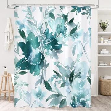 Imagem de Litabel Cortina de chuveiro floral longa azul-petróleo, folhas de plantas com cortinas de chuveiro de flores para decoração de banheiro de verão, tecido moderno, botânico, impermeável, conjunto de