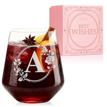 Imagem de Taça de vinho personalizada sem haste – Copos iniciais monogramas gravados personalizados, chá de panela, aniversário, casamento ou presente de noivado para mulheres Her-A