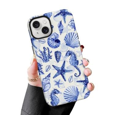 Imagem de MZELQ Capa magnética para iPhone 15 de 6,1 polegadas, estampa de concha azul do oceano [compatível com carregamento Magsafe] 2 em 1 fosca à prova de choque capa de telefone rígida para mulheres e