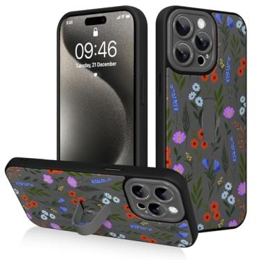 Imagem de AIGOMARA Capa para iPhone 15 Pro Max com alça de dedo, linda estampa floral estampa floral para mulheres e meninas, capa protetora à prova de choque antiarranhões com suporte de mão, preta