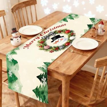 Imagem de Caminho de mesa de Natal 33 x 91 cm - Decoração de mesa de jantar de cozinha de inverno impressa Feliz Natal com boneco de neve sorridente em corredor de guirlanda festiva para decoração de casa de
