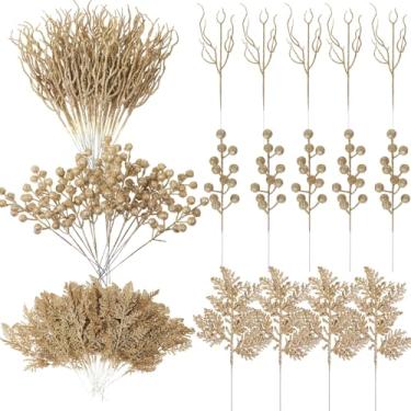 Imagem de Craftsatin 75 ramos de glitter de Natal, 3 estilos, palhetas artificiais de Natal, bagas, caules, agulhas de pinheiro, spray floral para enfeites de árvore de Natal, guirlanda DIY (amarelo macaron)