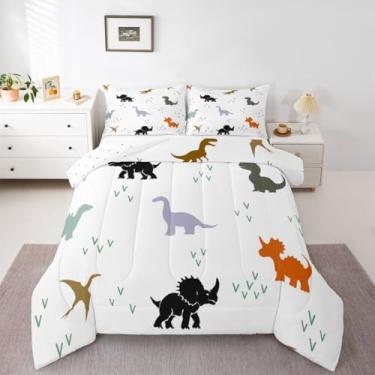 Imagem de jejeloiu Conjunto de edredom de dinossauro para todas as estações, desenho animado de dinossauro, com 1 fronha, fofo, de microfibra, animal kawaii, para decoração de quarto, edredom respirável, macio