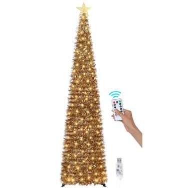 Imagem de SINTENILL Árvore de Natal pop-up de 1,8 m com 100 luzes LED temporizador e controle remoto, árvore de tinsel de Natal dobrável dourada, lápis artificial, decoração de Natal para festas em casa
