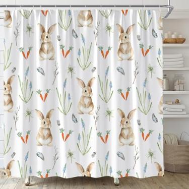 Imagem de ASVEAS Cortina de chuveiro primavera Páscoa coelho bonito aquarela coelho cenoura tecido floral azul para decoração de banheiro banheira com ganchos (177.8 cm WX70 H)