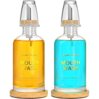 Imagem de Dispensador de enxaguante bucal para banheiro 335 g – Frasco de enxaguante bucal de vidro com copo e bandeja de bambu, letras douradas estampadas a quente, base de silicone, acessório de banheiro