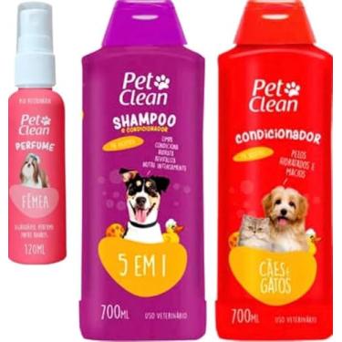 Imagem de Pet Clean Kit Shampoo 5 em 1, Condicionador 700mL, Perfume 120mL para Cães e Gatos, Multicores, Líquido, Higiene Completa (Femea)