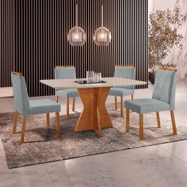 Imagem de Conjunto Sala De Jantar Mesa Madri 140x80cm Tampo Retângular Vidro Off White Com 4 Cadeiras Bela Linho Cinza