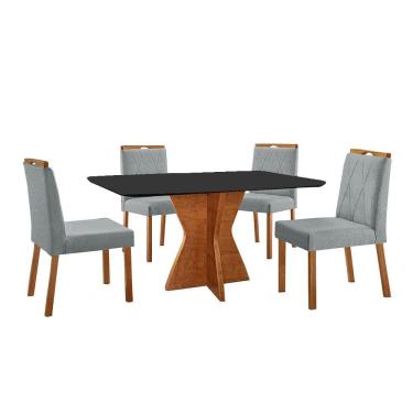 Imagem de Conjunto Sala De Jantar Mesa Madri 140x80cm Tampo Retângular Vidro Preto Com 4 Cadeiras Bela Linho Cinza