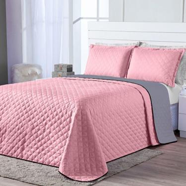 Imagem de Cobre Leito Dual Color Rosa Cinza Casal 03 Peças Dupla Face