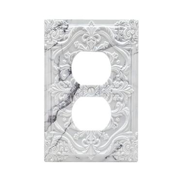 Imagem de Sghxwp Capas de tomada decorativas, textura de mármore cinza, 3D, floral, relevo, 1 gang, placa de cobertura para interruptor de luz, placa de parede exclusiva, capas de placa de interruptor elétrico