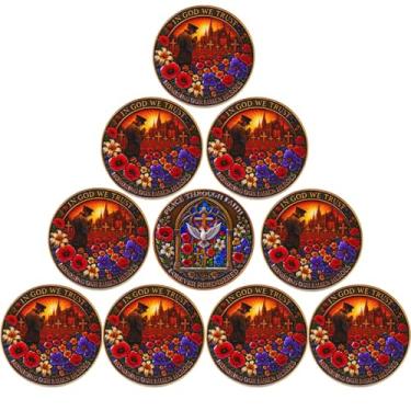 Imagem de 10 peças Poppy & Dove Veterans Memorial Challenge Coin Honoring Our Fallen Heroes Medalhão Tributo Token of Peace Through Faith & Remembrance Presente comemorativo de lembrança militar para homens e