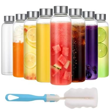 Imagem de P&C GOODS Conjunto de 8 garrafas de suco de vidro com tampas, garrafas de água de vidro transparente reutilizáveis de 510 g com tampa de aço inoxidável para geladeira, livre de BPA e à prova de