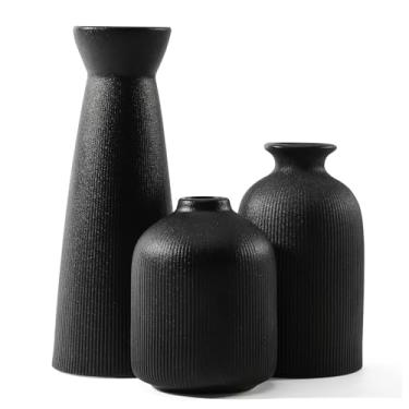 Imagem de Conjunto de 3 vasos de flores de cerâmica preta, vasos de Natal grandes com textura de listras verticais, vasos decorativos modernos de fazenda para flores secas, decoração de casa para sala de estar