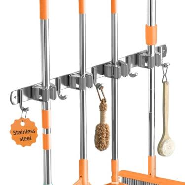Imagem de Suporte de parede para vassoura e esfregão, organizador de vassouras, gancho de vassoura de aço inoxidável para casa, cozinha, jardim, garagem de lavanderia (4 prateleiras com 5 ganchos)