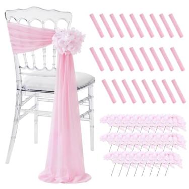 Imagem de SoarDream Decorações de cadeira de corredor de casamento rosa: 26 pacotes de faixas de cadeira com capas de cadeiras de hortênsia artificial e eucalipto artificial para decoração de corredor de igreja