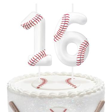 Imagem de Velas de aniversário número 16 de beisebol, topo de bolo com tema de beisebol para meninos e meninas, decorações de bolo para aniversários, suprimentos de festa com tema esportivo, velas para