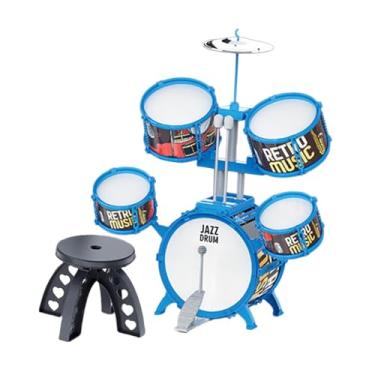 Imagem de Milageto Conjunto de bateria infantil para crianças, iluminação musical, de 4 a 14 anos, com baquetas, banco para atividades de percussão em concerto, Borda Azul